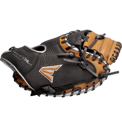 The Easton Tournament Elite 32.5" Baseball Catcher's Mitt: TEB2325 is a black and brown leather mitt with black laces, stitched logo, and detailed edge stitching, designed for youth players to catch baseballs.