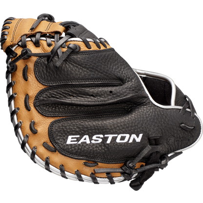 The Easton Tournament Elite 32.5" Baseball Catcher's Mitt (TEB2325) features tan and black leather with white stitching and laces, plus the Easton logo on the palm—perfect for serious youth catchers.