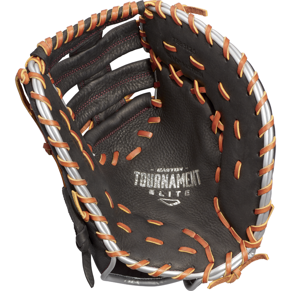 The Easton Tournament Elite 12.5" Baseball First Base Mitt (TEB3125) features black leather with tan and white laces, silver EASTON TOURNAMENT ELITE text on the palm, and an open design revealing the inside pocket and stitching.