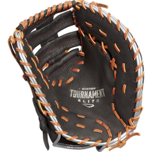 The Easton Tournament Elite 12.5" Baseball First Base Mitt (TEB3125) features black leather with tan and white laces, silver EASTON TOURNAMENT ELITE text on the palm, and an open design revealing the inside pocket and stitching.
