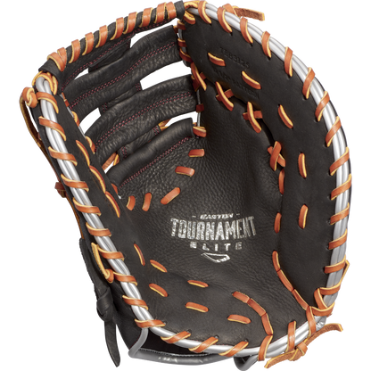 The Easton Tournament Elite 12.5" Baseball First Base Mitt (TEB3125) features black leather with tan and white laces, silver EASTON TOURNAMENT ELITE text on the palm, and an open design revealing the inside pocket and stitching.