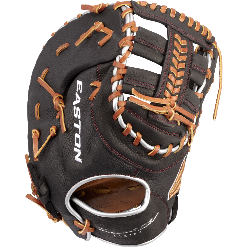 The Easton Tournament Elite 12.5" Baseball First Base Mitt (TEB3125) features black and brown leather with tan laces, white stitching, and the Easton Tournament Elite branding printed in white on the side.