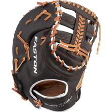The Easton Tournament Elite 12.5" Baseball First Base Mitt (TEB3125) features black and brown leather with tan laces, white stitching, and the Easton Tournament Elite branding printed in white on the side.
