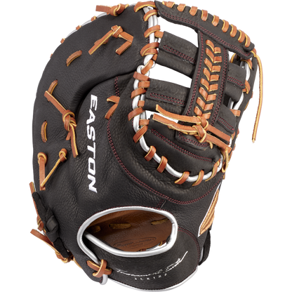 The Easton Tournament Elite 12.5" Baseball First Base Mitt (TEB3125) features black and brown leather with tan laces, white stitching, and the Easton Tournament Elite branding printed in white on the side.