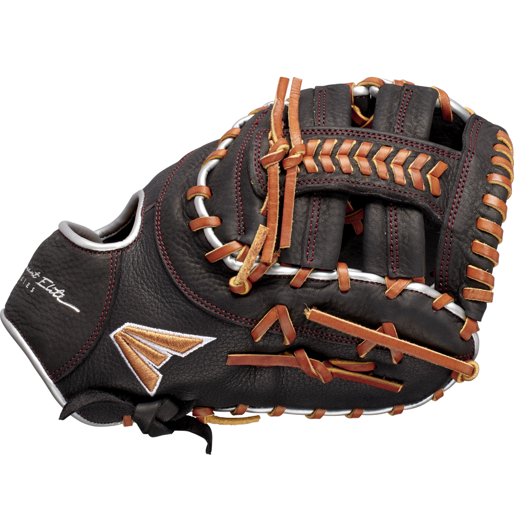 The Easton Tournament Elite 12.5" Baseball First Base Mitt (TEB3125) features black leather, brown and tan laces, white stitching, and a gold embroidered logo, shown against a plain white background.