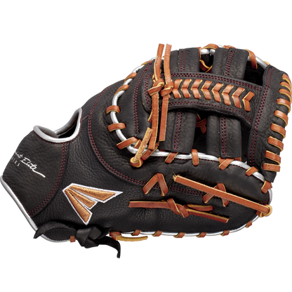 The Easton Tournament Elite 12.5" Baseball First Base Mitt (TEB3125) features black leather, brown and tan laces, white stitching, and a gold embroidered logo, shown against a plain white background.