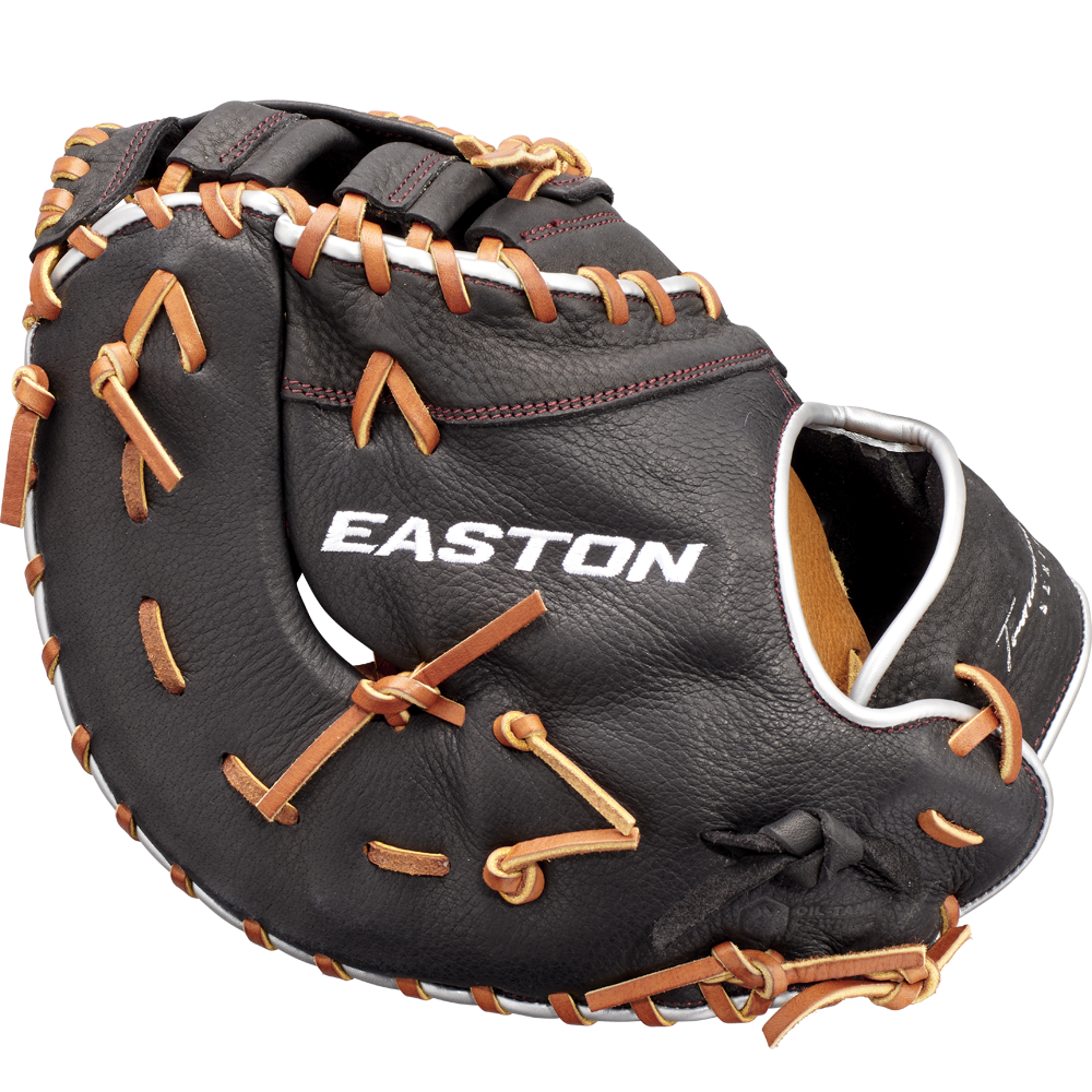 A black and brown Easton Tournament Elite 12.5" first base mitt (TEB3125) with tan lacing and "Easton Tournament Elite" printed in white on the palm.