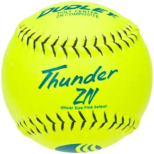 The Dudley USSSA Thunder ZN Classic W 11" 44/400 Composite Slowpitch Softball (4U553) is a bright yellow ball with green stitching and printed text, ideal for USSSA composite slowpitch softball leagues. Brand: Dudley.