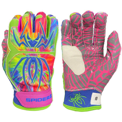 The Spiderz HYBRID Adult Batting Gloves feature neon green, blue, pink, and tie-dye designs. One glove has a bold spider logo; the other displays web graphics and a white grip patch for maximum control. Brand: Spiderz.