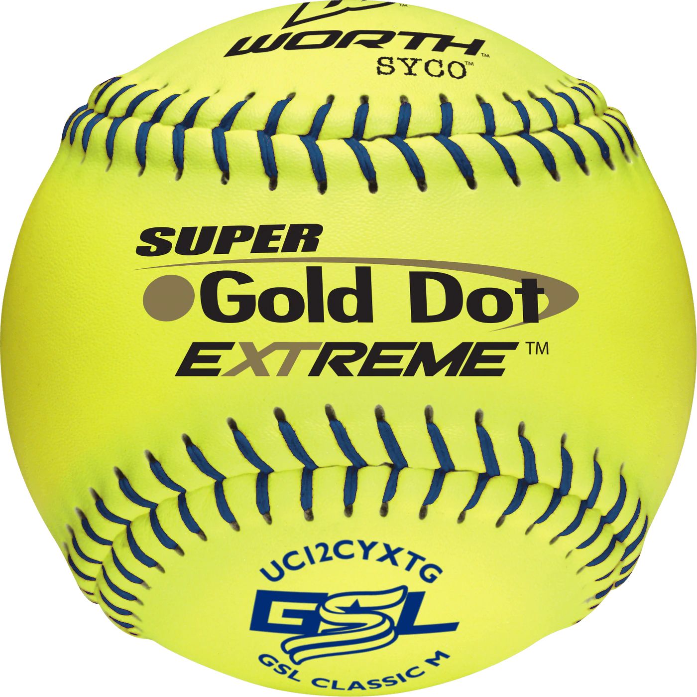 A close-up of the Worth GSL Classic M Super Gold Dot 12" 40/325 Composite Slowpitch Softball (UC12CYXTG), a bright yellow ball with blue and black stitching, printed logos, and GSL approval clearly marked.