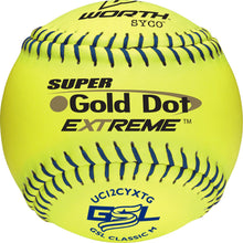 A close-up of the Worth GSL Classic M Super Gold Dot 12" 40/325 Composite Slowpitch Softball (UC12CYXTG), a bright yellow ball with blue and black stitching, printed logos, and GSL approval clearly marked.