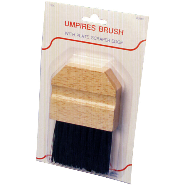 The Athletic Specialties Wood Umpire Brush (UMB) features a sturdy wooden handle, durable bristles, and a plate scraper edge—perfect for cleaning home plate in baseball or softball.