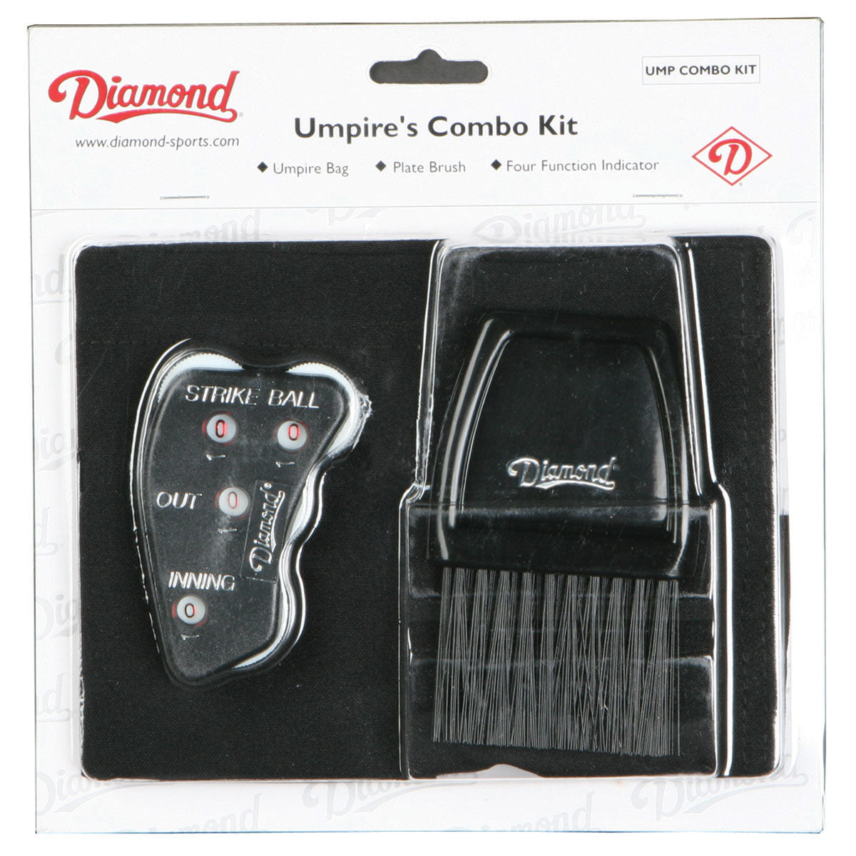 The Diamond Umpire Combo Kit (UMP COMBO KIT) by Diamond includes a ball bag, indicator, and brush in branded packaging—ideal for umpires to keep essentials organized and ready in your umpire bag.