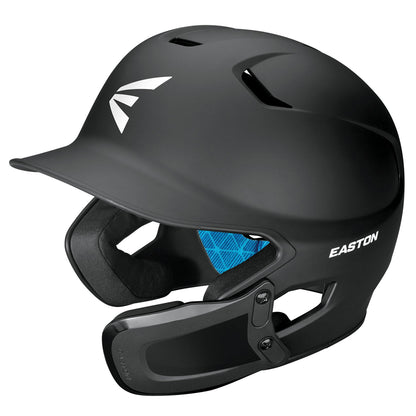 A matte black Easton Z5 2.0 Matte Solid Batting Helmet (Z52MTUJG) with a Universal Jaw Guard, blue padded interior, and white Easton logos on the side and front.