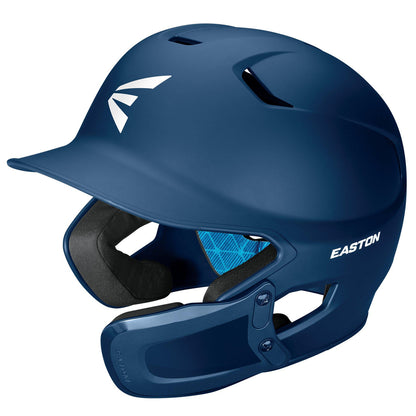 The Easton Z5 2.0 Matte Solid Batting Helmet with Universal Jaw Guard (Z52MTUJG) features a matte blue finish, black interior padding, and white Easton logos on the side and front.