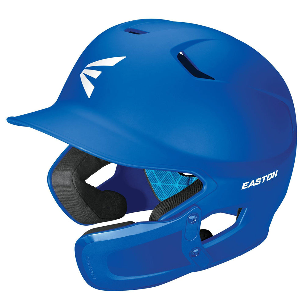 The Easton Z5 2.0 Matte Solid Batting Helmet with Universal Jaw Guard (Z52MTUJG) features ear protection on both sides, ventilation holes on top, and classic Easton logos above the ear and front.