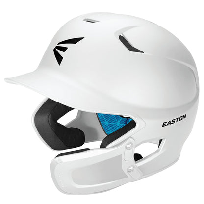 The Easton Z5 2.0 Matte Solid Batting Helmet (Z52MTUJG) features a sleek white matte finish, black Easton logos, cushioned black interior, a clear face guard, and includes a Universal Jaw Guard for enhanced protection.