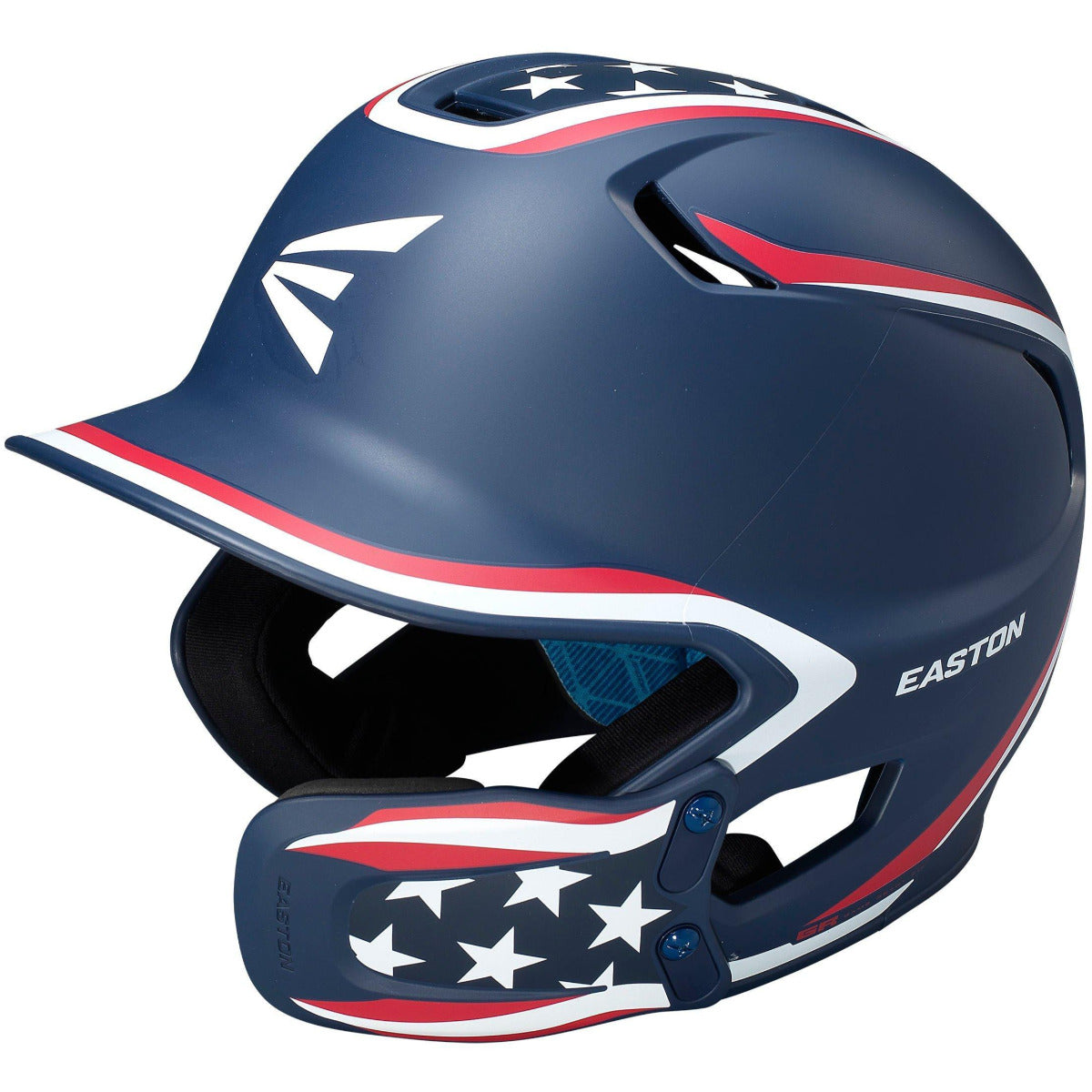 The Easton Z5 2.0 Matte Stars & Stripes Batting Helmet with Universal Jaw Guard features a red, white, and blue American flag design, protective face guard, Easton branding, and is NOCSAE certified for safety.