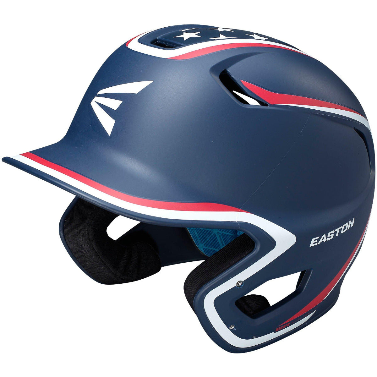 The Easton Z5 2.0 Matte Stars & Stripes Batting Helmet with Universal Jaw Guard (Z52MTUJG) offers NOCSAE certified head protection, featuring navy blue color with white and red accents plus a white Easton logo and ventilation holes.
