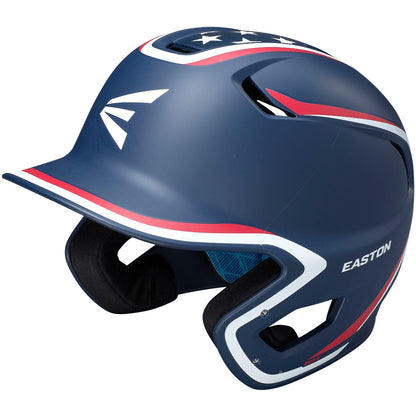 The Easton Z5 2.0 Matte Stars & Stripes Batting Helmet with Universal Jaw Guard (Z52MTUJG) offers NOCSAE certified head protection, featuring navy blue color with white and red accents plus a white Easton logo and ventilation holes.