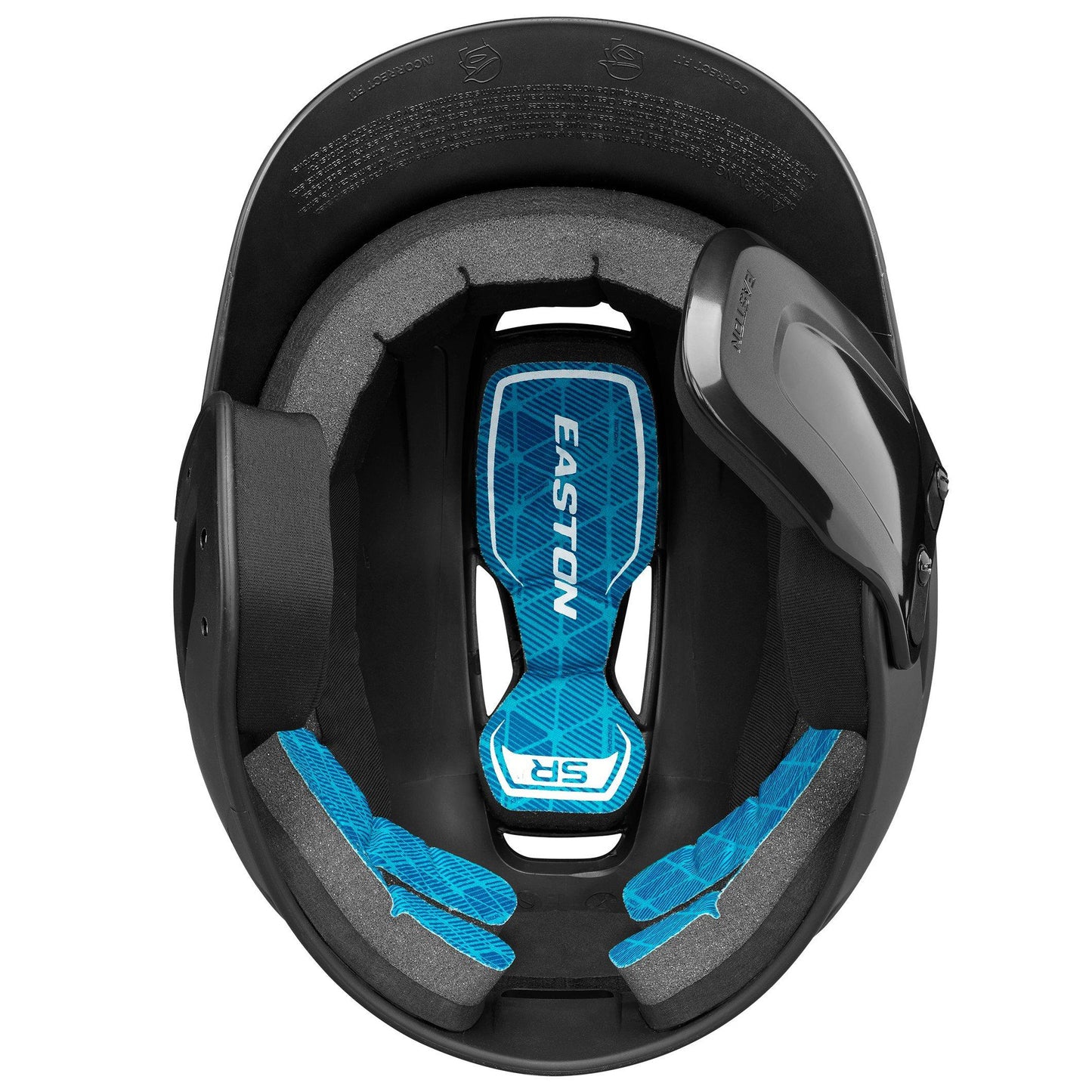 Top view of the Easton Z5 2.0 Matte Solid Batting Helmet with Universal Jaw Guard (Z52MTUJG), showing blue and gray padding by Easton for comfort, plus added ear, chin, and jaw protection.