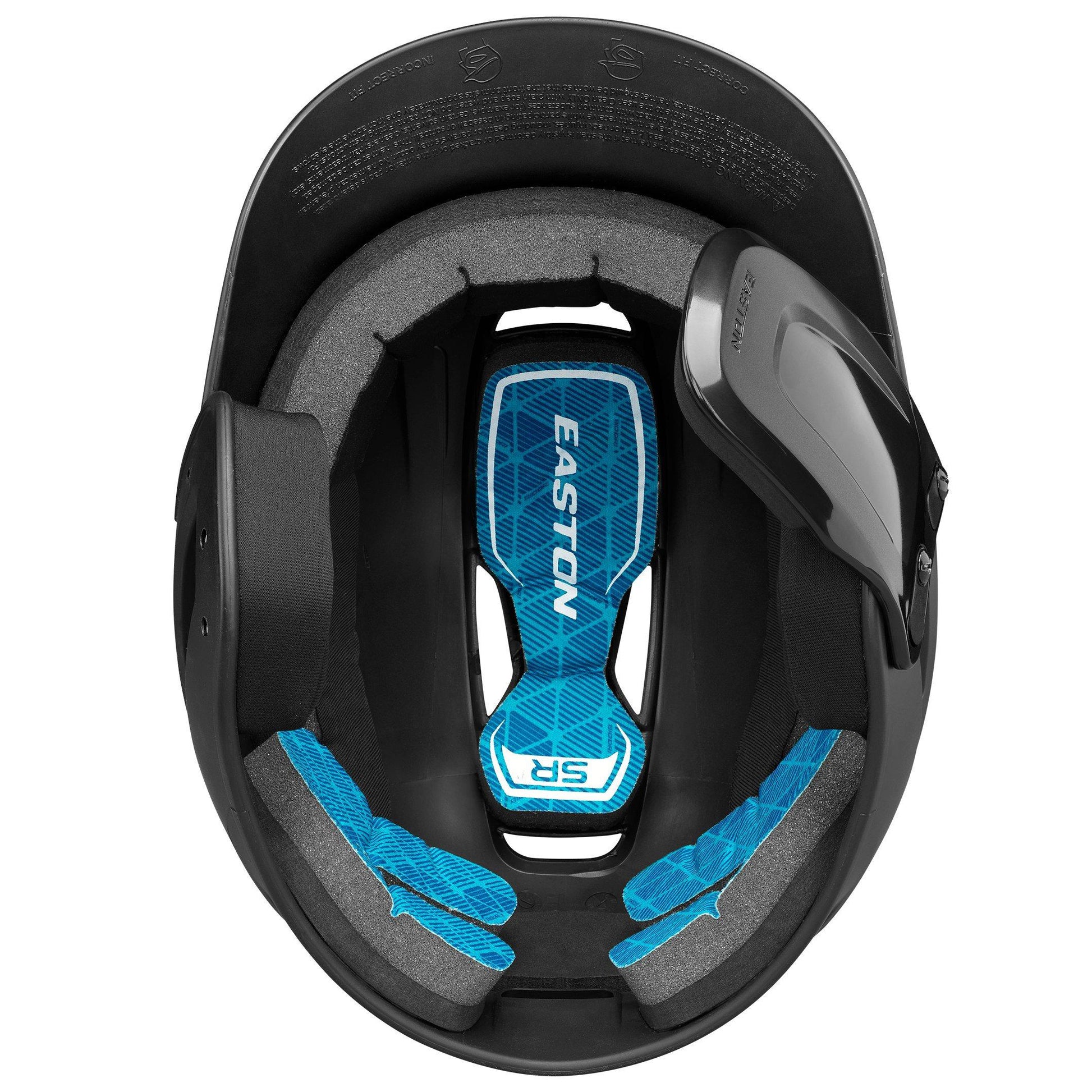 Top view of the Easton Z5 2.0 Matte Solid Batting Helmet with Universal Jaw Guard (Z52MTUJG), showing blue and gray padding by Easton for comfort, plus added ear, chin, and jaw protection.