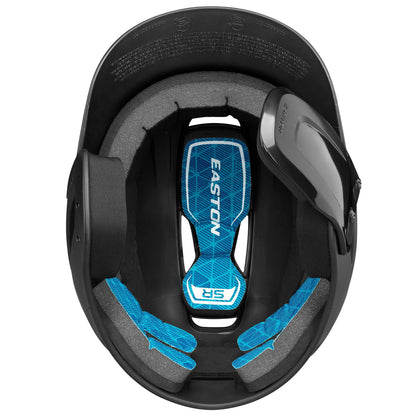 Top view of the Easton Z5 2.0 Matte Solid Batting Helmet with Universal Jaw Guard (Z52MTUJG), showing blue and gray padding by Easton for comfort, plus added ear, chin, and jaw protection.