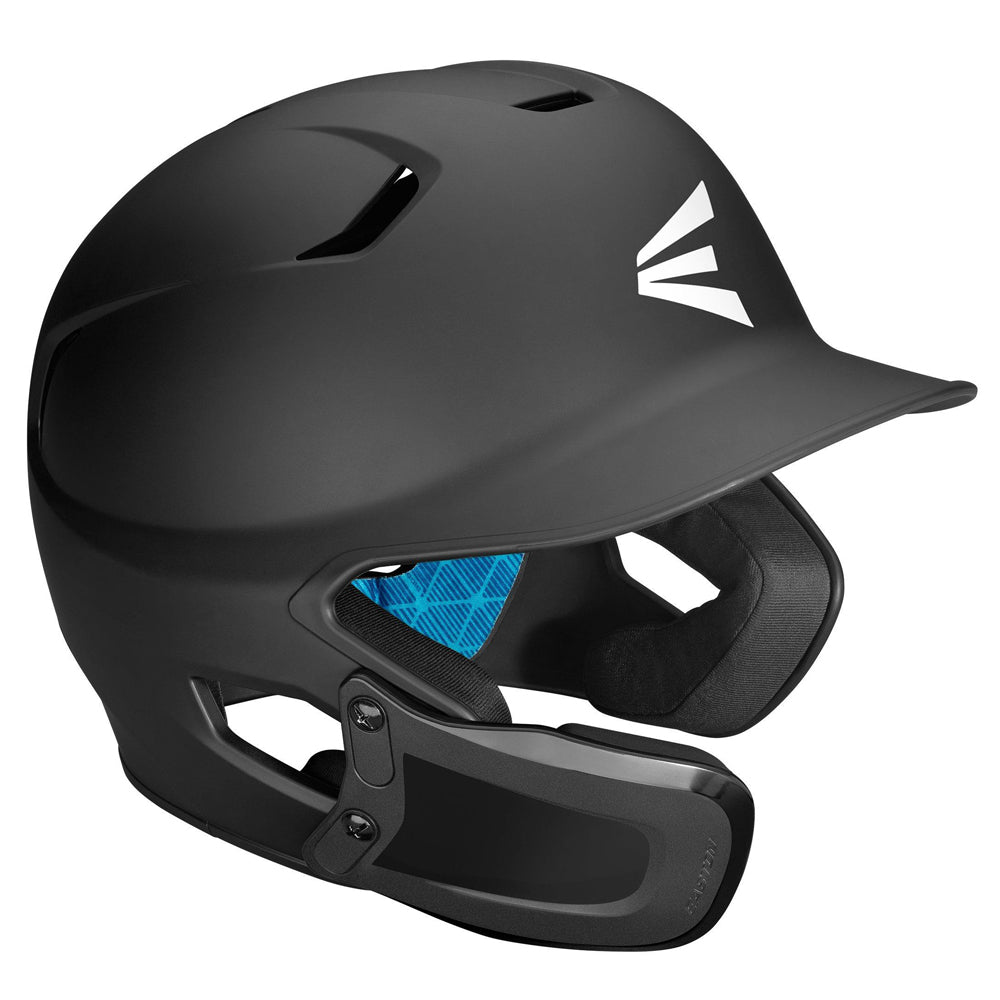 The Easton Z5 2.0 Matte Solid Batting Helmet with Universal Jaw Guard (Z52MTUJG) offers a matte black finish, visor, and blue interior padding—ideal for baseball or softball.