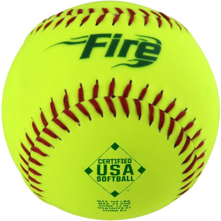 The Baden USA Fire 12" 52/300 Composite Slowpitch Softball (USA300YC) is bright yellow with red stitching, “Fire” in green, a Certified USA Softball logo, and .52 COR for optimal performance.