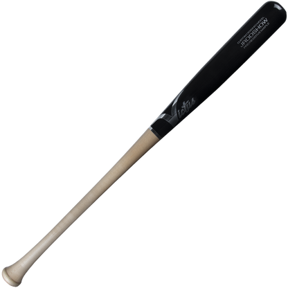 The Victus Julio Rodriguez JRODSHOW Pro Reserve Maple Wood Bat (VRWMJROD) features a pro design with a light natural handle and glossy black barrel, modeled after Julio Rodriguez. Displayed on a white background.