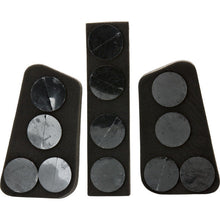 Three black foam wedge pads in assorted sizes, each with multiple adhesive discs, make the Rawlings Velo Batting Helmet Fit Kit (VELOFK) ideal for reducing baseball helmet size or customizing the fit of your Rawlings Velo helmet.