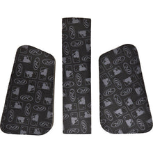 The Rawlings Velo Batting Helmet Fit Kit (VELOFK) includes three black grip tape pieces with gray baseball logos, improving comfort and fit as a helmet size reducer, shown against a white background.