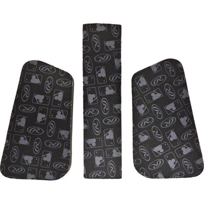 The Rawlings Velo Batting Helmet Fit Kit (VELOFK) includes three black grip tape pieces with gray baseball logos, improving comfort and fit as a helmet size reducer, shown against a white background.