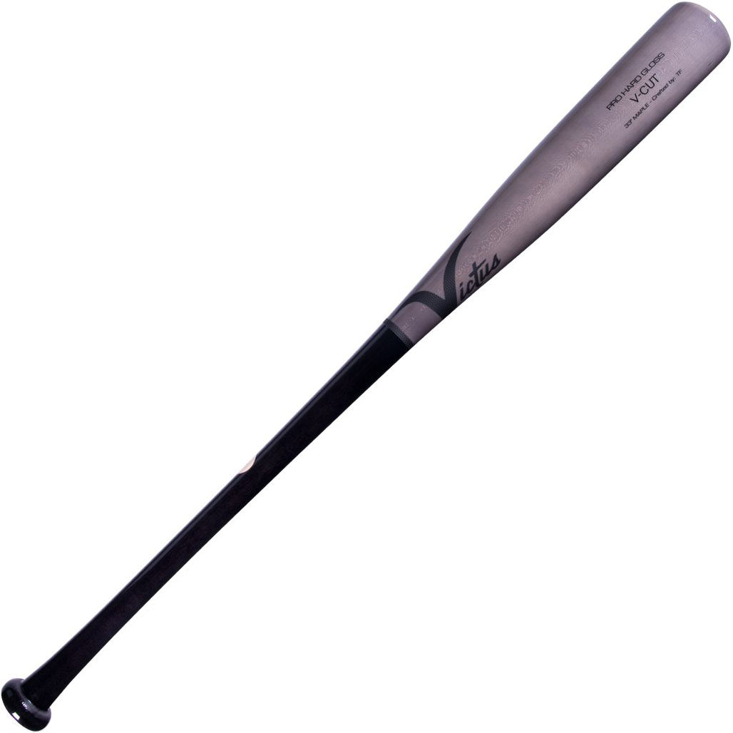 The Victus Gloss VCut Maple Wood Bat: VGPC-BK/GY by Victus features a black handle and is ideal for serious players seeking a premium pro reserve wood baseball bat.