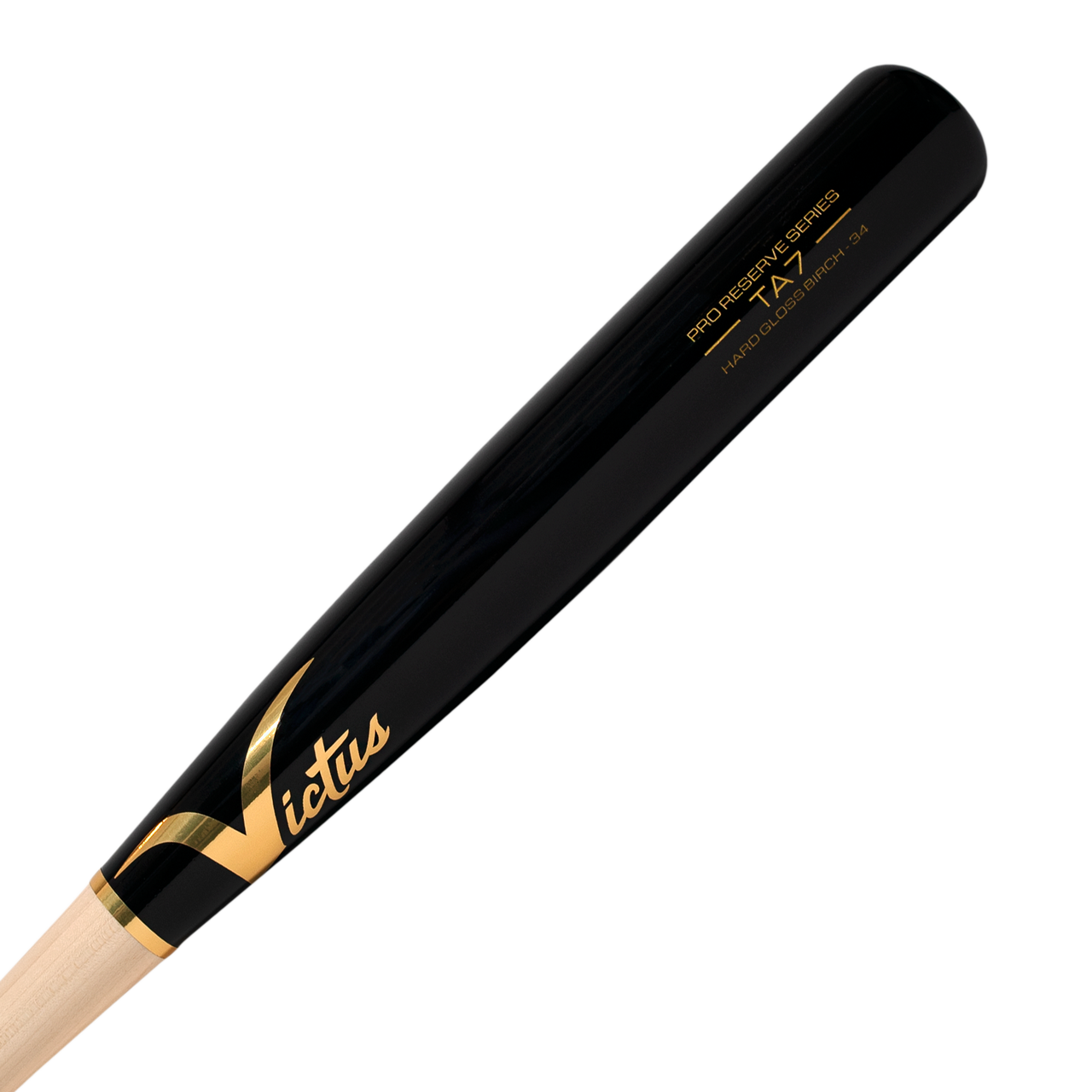A close-up of the Victus TA7 Tim Anderson Pro Reserve Birch Wood Bat (VRWBTA7-NT/BK) in black and natural wood, featuring gold Victus branding and model details on the barrel, showcases its Big League-grade quality.