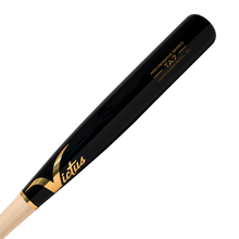 A close-up of the Victus TA7 Tim Anderson Pro Reserve Birch Wood Bat (VRWBTA7-NT/BK) in black and natural wood, featuring gold Victus branding and model details on the barrel, showcases its Big League-grade quality.