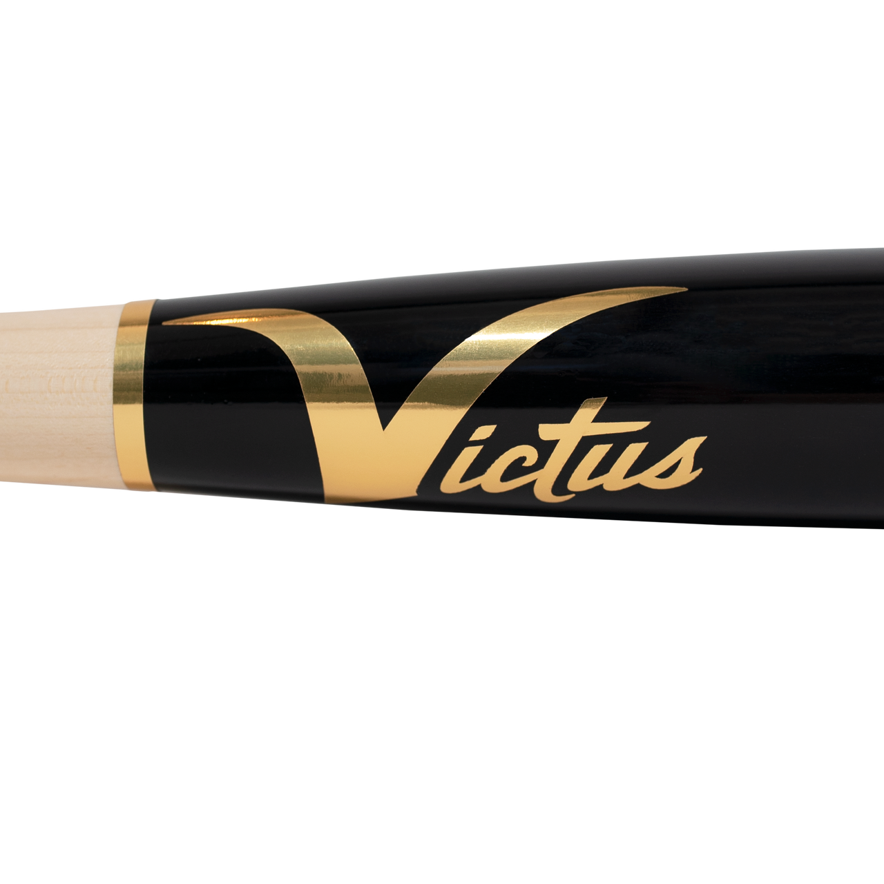 A close-up of the Victus TA7 Tim Anderson Pro Reserve Birch Wood Bat (VRWBTA7-NT/BK), featuring a black, end-loaded barrel, natural wood handle, gold Victus script logo, and large gold V—crafted with Big League-grade quality.
