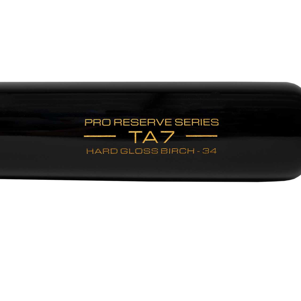 Close-up of a Victus TA7 Tim Anderson Pro Reserve Birch Wood Bat (VRWBTA7-NT/BK) in sleek black, showcasing Big League-grade quality and gold text: PRO RESERVE SERIES TA7 HARD GLOSS BIRCH - 34 on the barrel.