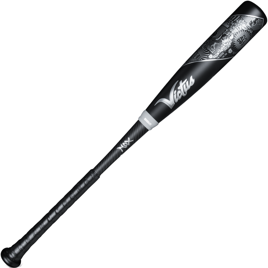 A used 2023 Victus NOX 2 (-8) 2 3/4" USSSA Baseball Bat by Victus features a black design with silver detailing near the barrel, a white logo, a military-grade aluminum barrel, and a textured grip handle.