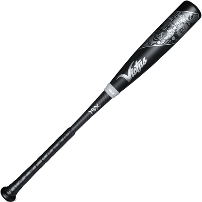A used 2023 Victus NOX 2 (-8) 2 3/4" USSSA Baseball Bat by Victus features a black design with silver detailing near the barrel, a white logo, a military-grade aluminum barrel, and a textured grip handle.