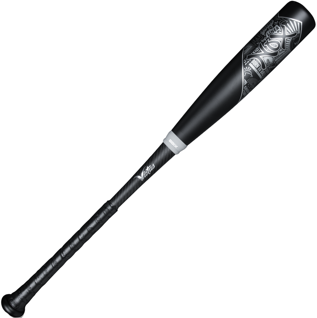 The 2023 Victus NOX 2 (-8) 2 3/4" USSSA Baseball Bat by Victus is a black two-piece hybrid bat with a textured grip, silver accents near the barrel, and a military-grade aluminum barrel, displayed on a white background.