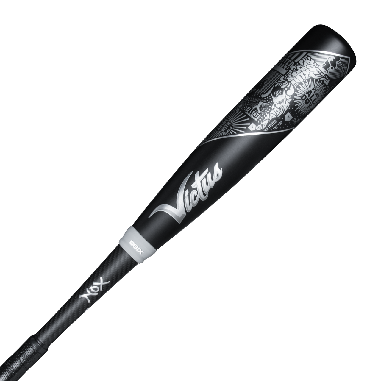 The 2023 Victus NOX 2 (-8) USSSA Baseball Bat (VSBN2X8) features a black two-piece hybrid design with a military-grade aluminum barrel, silver Victus logo and designs, and a black handle with white accents.