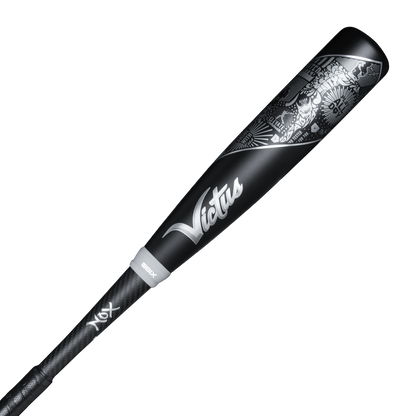 The 2023 Victus NOX 2 (-8) USSSA Baseball Bat (VSBN2X8) features a black two-piece hybrid design with a military-grade aluminum barrel, silver Victus logo and designs, and a black handle with white accents.