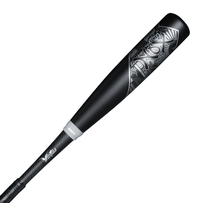 A used 2023 Victus NOX 2 (-8) USSSA Senior League bat features a black finish, textured grip, and silver geometric designs on its military-grade aluminum barrel, displayed on a white background.