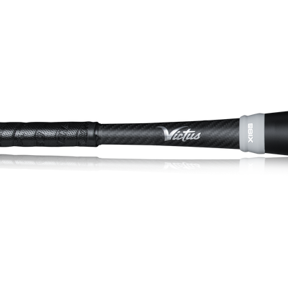 Close-up of a black 2023 Victus NOX 2 (-8) USSSA Baseball Bat handle with textured grip and “Victus” in white script, highlighting this two-piece hybrid bat (model VSBN2X8) against a plain white background.