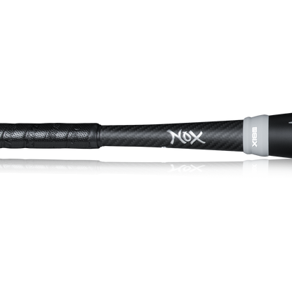 Close-up of the black handle and lower shaft on the 2023 Victus NOX 2 (-8) USSSA Baseball Bat, showing its textured grip and white NOX logo over a carbon fiber surface for improved control.