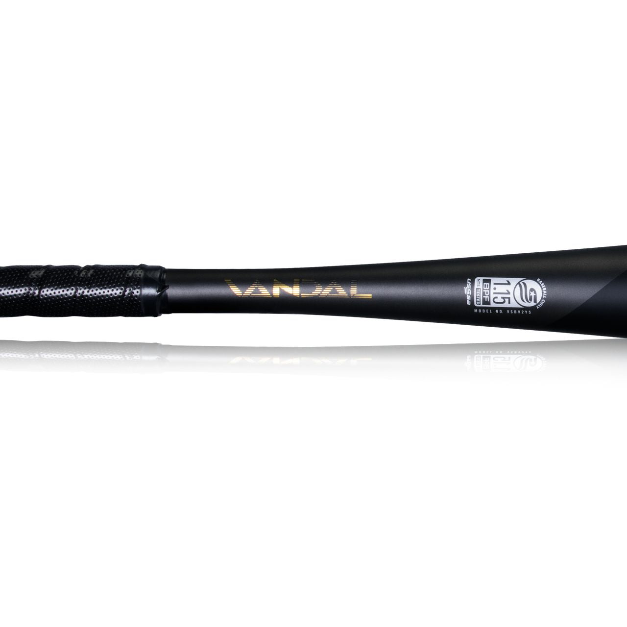 A close-up of the handle and barrel of the matte black 2022 Victus Vandal 2 (-8) USSSA Baseball Bat, featuring gold "Vandal" lettering, certification logos, and the Victus brand.