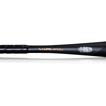 A close-up of the handle and barrel of the matte black 2022 Victus Vandal 2 (-8) USSSA Baseball Bat, featuring gold "Vandal" lettering, certification logos, and the Victus brand.