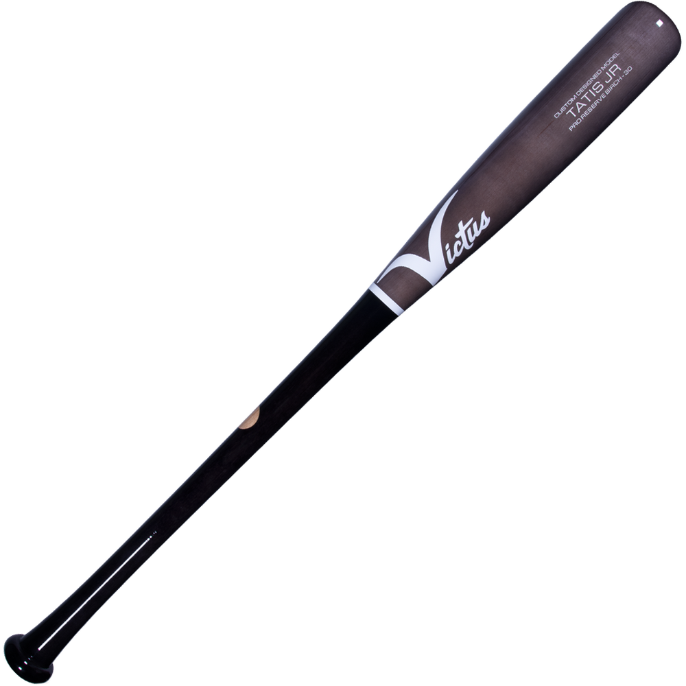 The Victus TATIS JR Youth Pro Reserve Birch Wood Bat (VYRWBTATISJR) features a black design with white text and offers a balanced feel, making it ideal for young players.