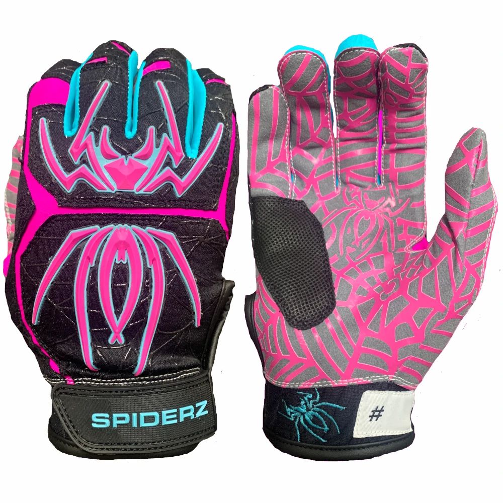 A pair of Spiderz HYBRID Adult Batting Gloves by Spiderz, featuring pink, blue, and black web designs with bold spider graphics, SPIDERZ wrist straps, and built for maximum grip—one glove shown palm side, the other back.